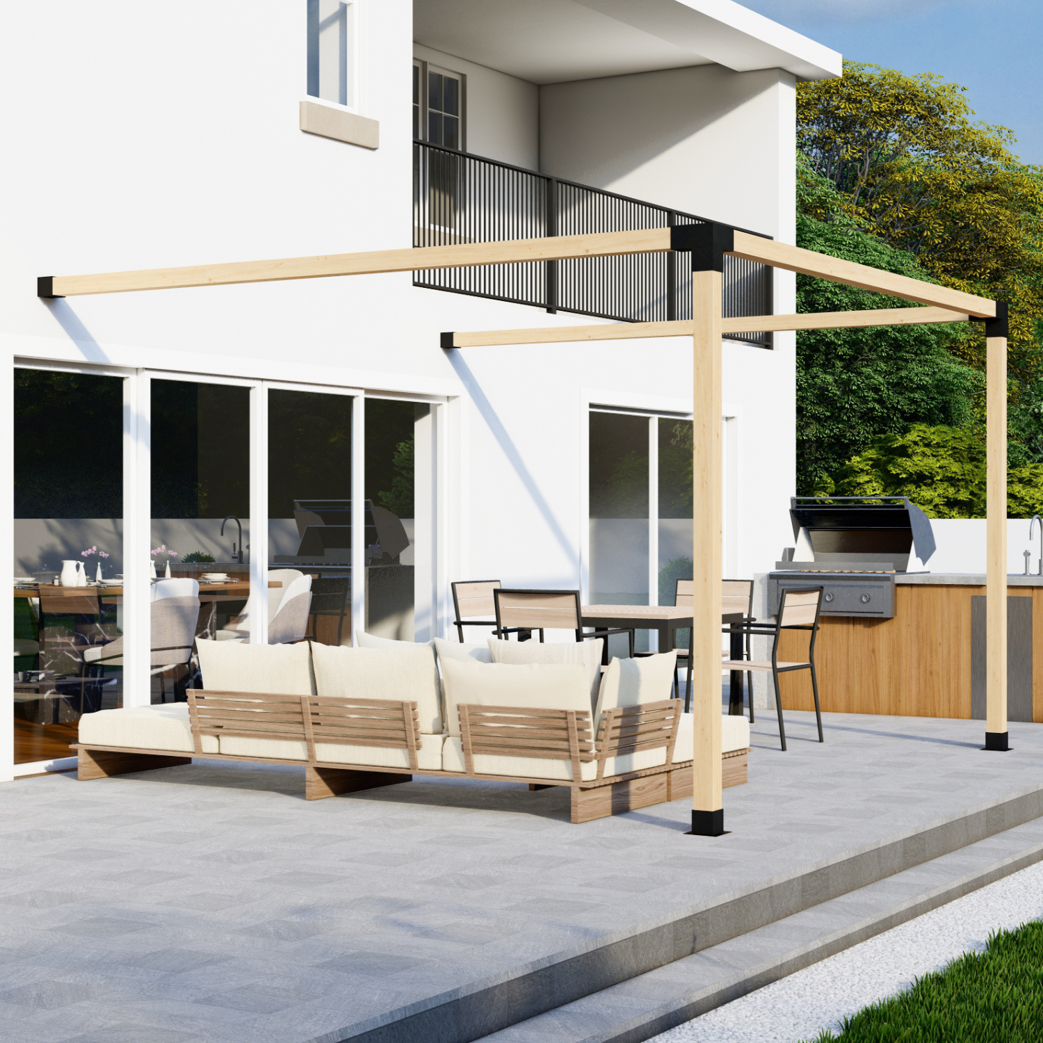 DIY Pergola Bracket Kit framing components and assembled frame options