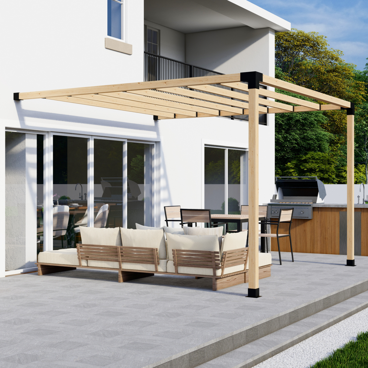 Brackets and assembled wood framework of an attached pergola with inline slatted roof