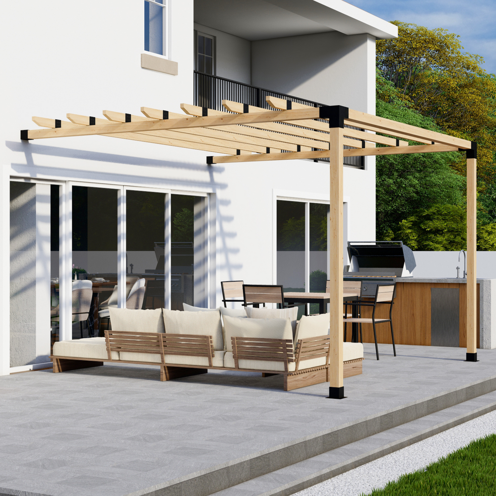 DIY Pergola Bracket Kit parts including post base, wall mount, corner, and roof rafter brackets