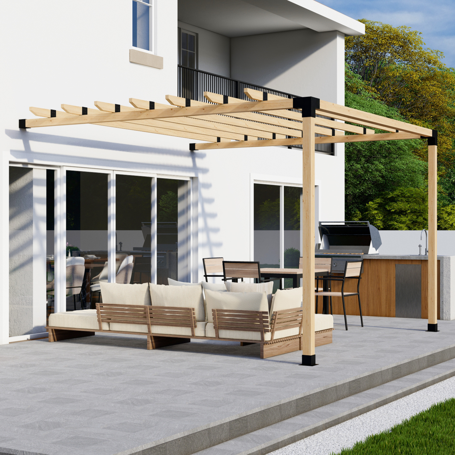 DIY Pergola Bracket Kit parts including post base, wall mount, corner, and roof rafter brackets