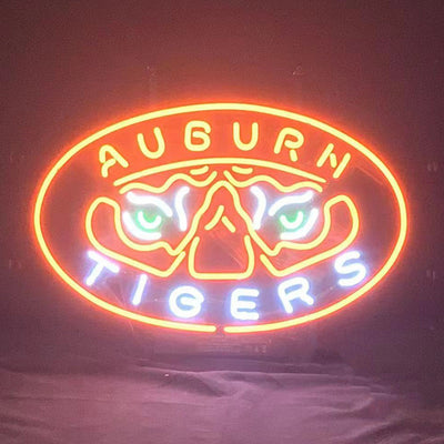 Auburn Tigers Sport Logo Neon Sign Light glowing on a metal grid backing