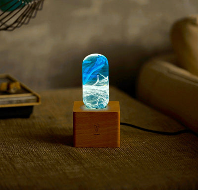EP Light Blue Decorative Resin LED Lamp with wooden base
