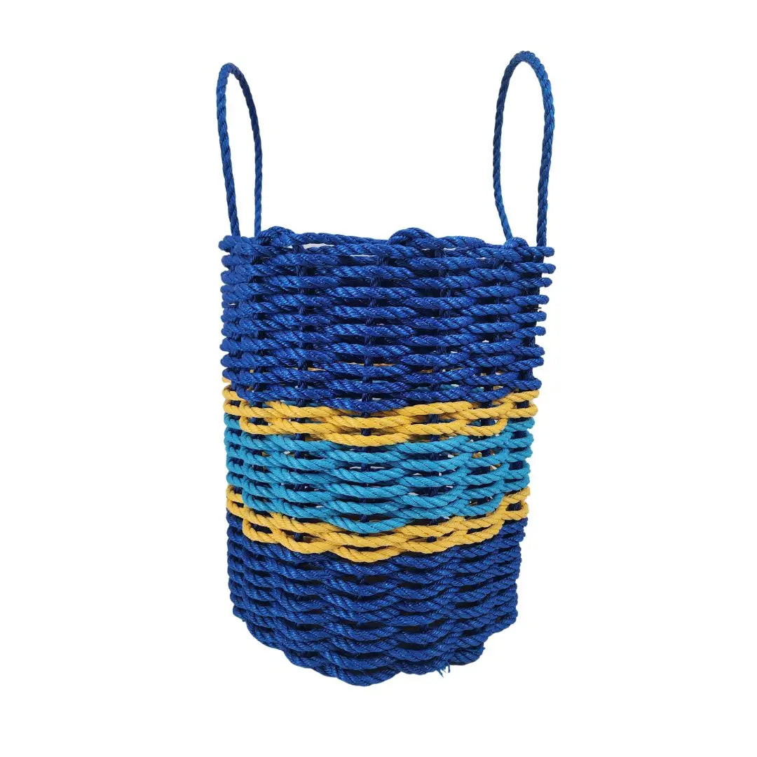Handmade storage basket woven from authentic Maine lobster rope in two-tone blue with yellow accents