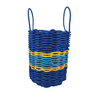 Handmade storage basket woven from authentic Maine lobster rope in two-tone blue with yellow accents