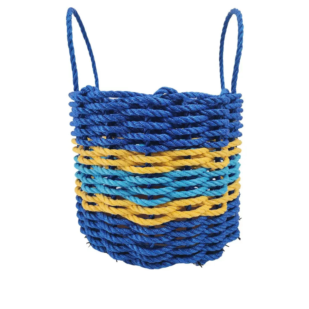 Handmade storage basket woven from authentic Maine lobster rope in two-tone blue with yellow accents