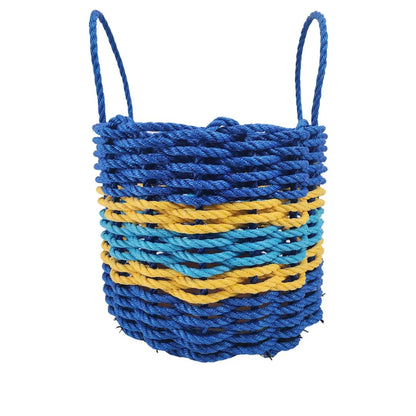 Handmade storage basket woven from authentic Maine lobster rope in two-tone blue with yellow accents