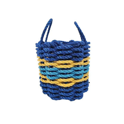 Handmade storage basket woven from authentic Maine lobster rope in two-tone blue with yellow accents