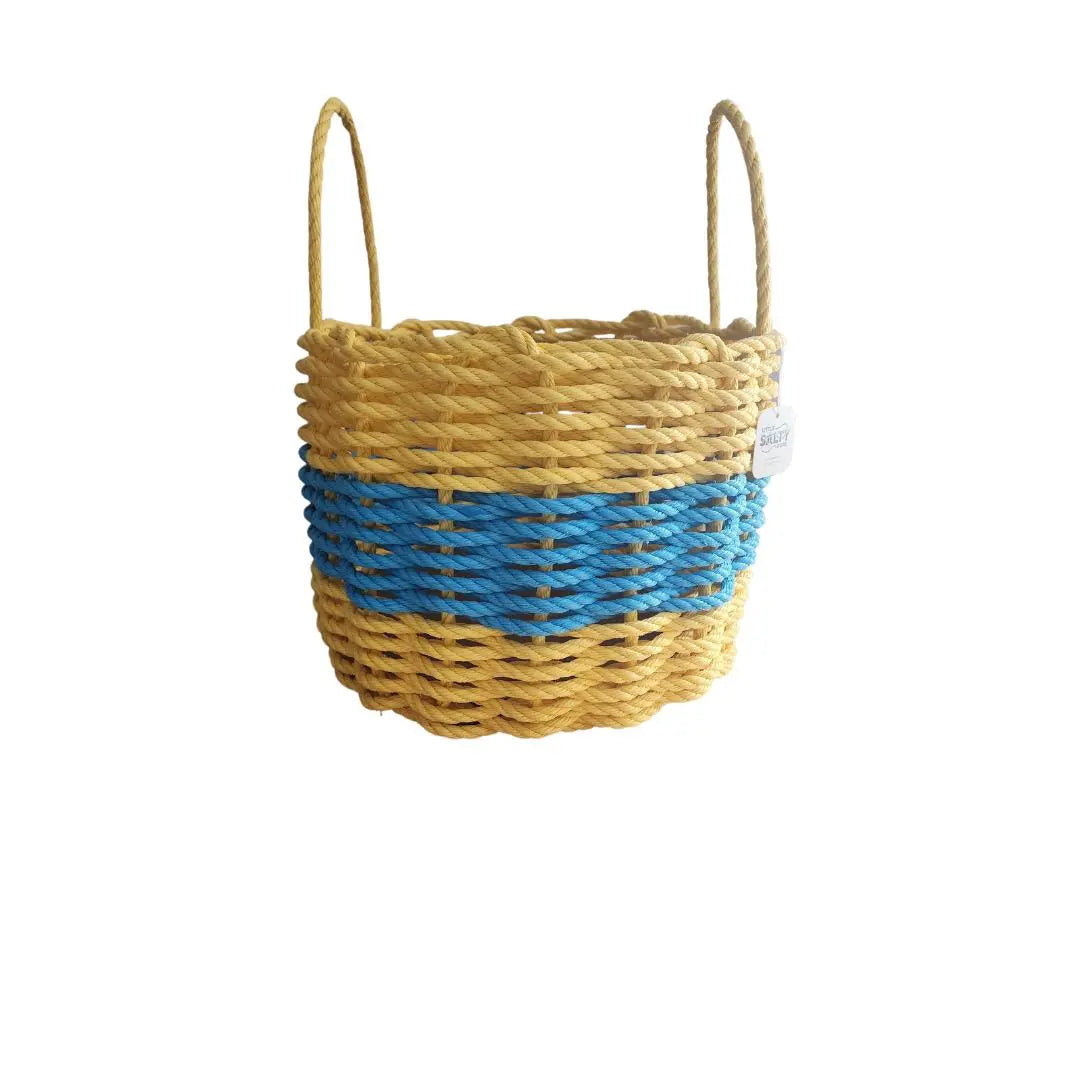 Yellow and light blue handmade lobster rope storage basket from Maine