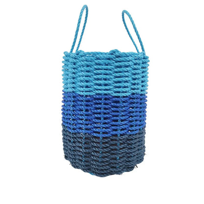 Handwoven storage basket made from navy blue, blue, and light blue Maine lobster rope