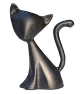 Matte black minimalist cat figurine with an elongated neck and a curled tail, serving as a ring holder.
