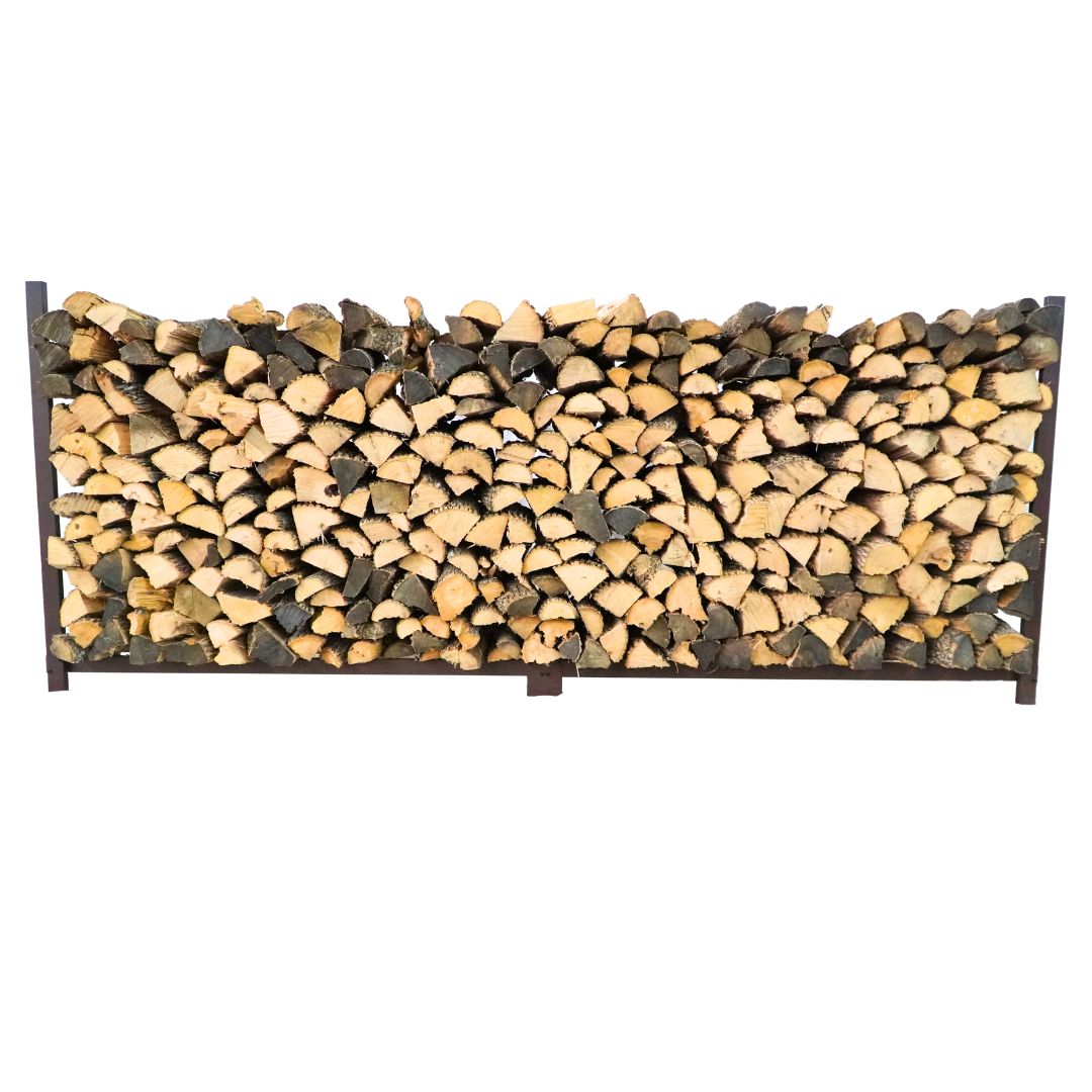 Woodhaven 10 ft Firewood Rack holding stacked firewood outdoors