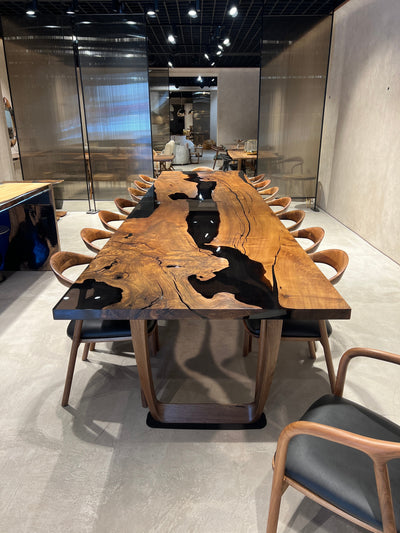 Epoxy Resin River Dining Table with Walnut Wood Legs showcasing natural wood and vibrant resin river design