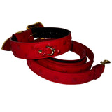 Red leather dog collar and matching leash with gold hardware, featuring embossed stitching and a subtle textured pattern on the leather surface.