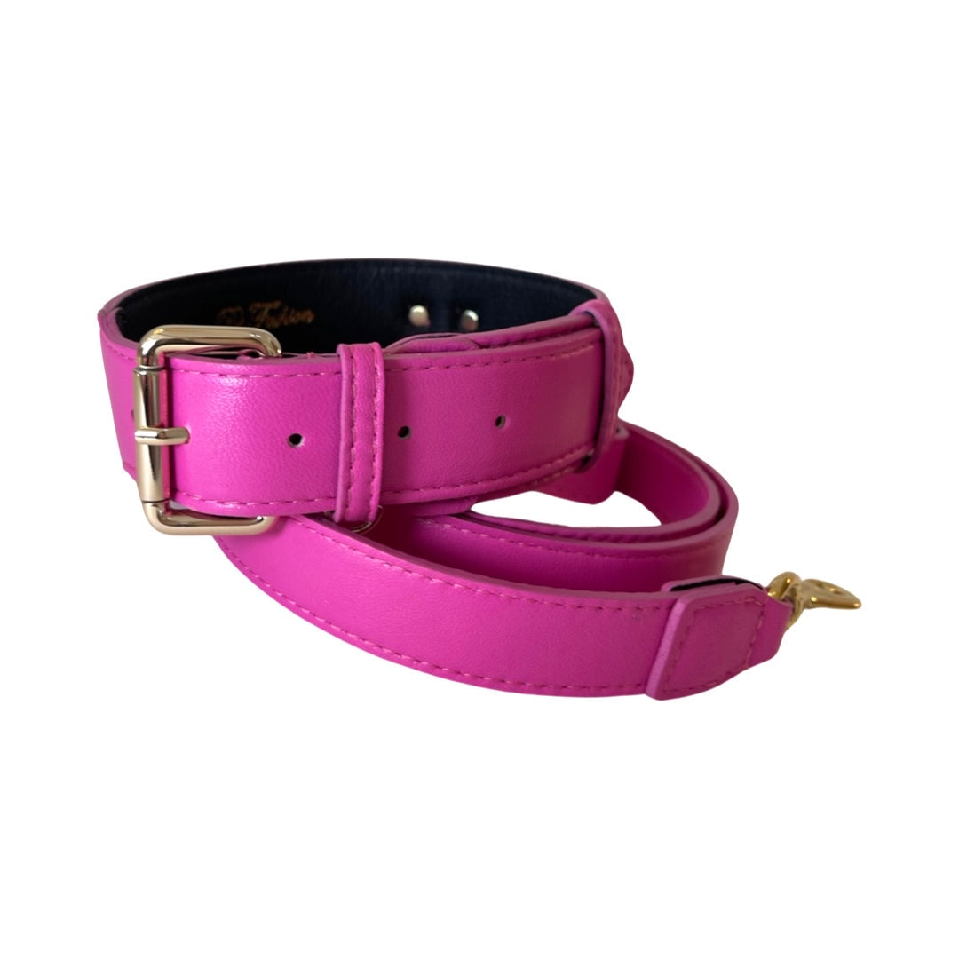 Classic Fuchsia Pink Italian Leather Collar & Leash Set by Allysa Payne Beverly Hills