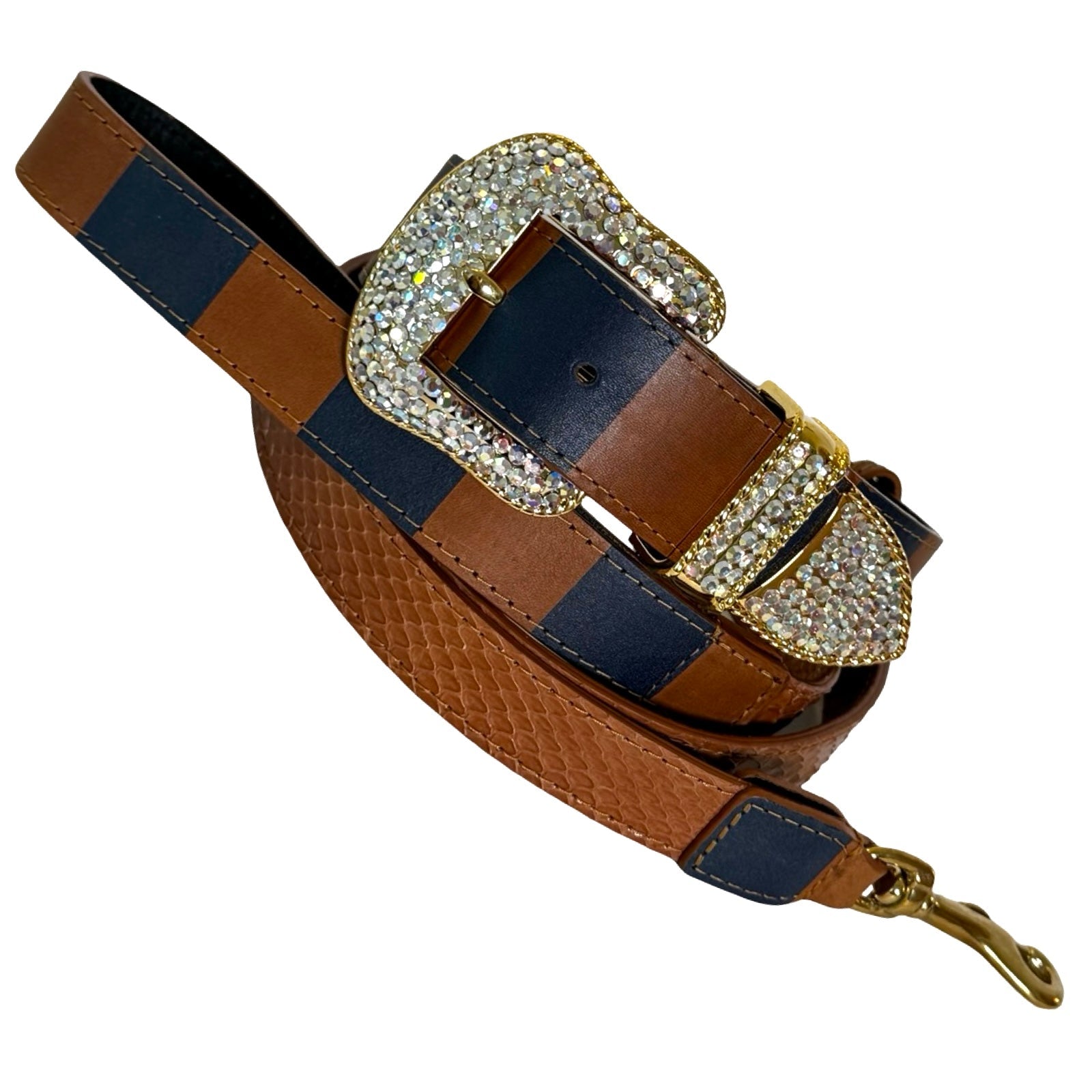 Riviera Swarovski Crystal Edition Collar and Leash Set showing Cognac and Navy leather with gold Swarovski crystal hardware and snake leather panels
