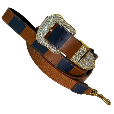 Riviera Swarovski Crystal Edition Collar and Leash Set showing Cognac and Navy leather with gold Swarovski crystal hardware and snake leather panels