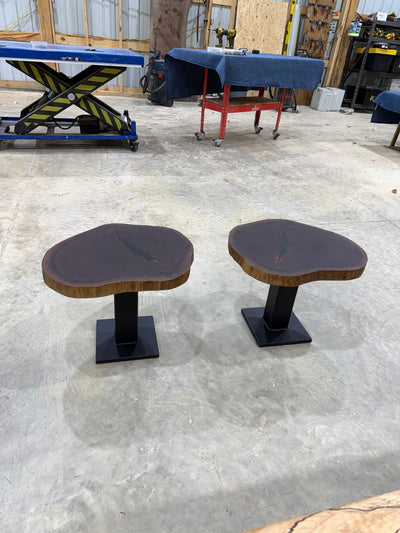 Walnut Cookie Side Tables with thick steel bases, handcrafted by Sasquatch Tables LLC