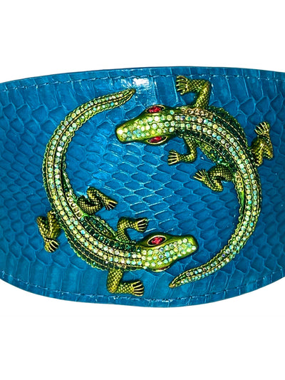 Dark Turquoise 3” Wide Style Snake Collar With Green Rhinestone Alligators
