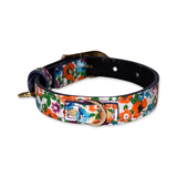 Small Italian leather dog collar with vibrant floral print featuring orange, purple, and blue flowers on a white background and gold-tone metal hardware.