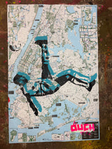 Pele - Bicycle Kick artwork by Denis OUCH showing a black over blue silk screen on NYC bike map.