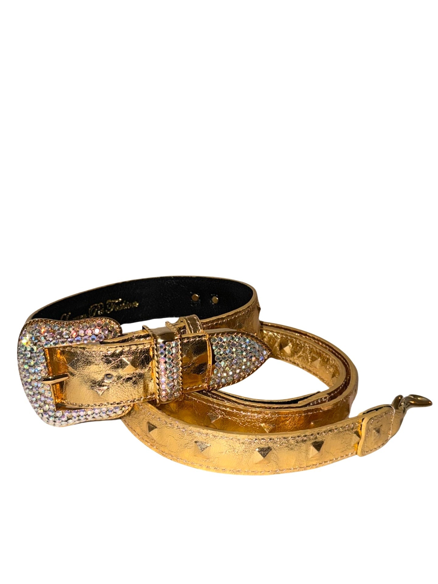 Glam gold embossed studded Italian leather collar and leash set with Swarovski crystal buckle displayed on a white background