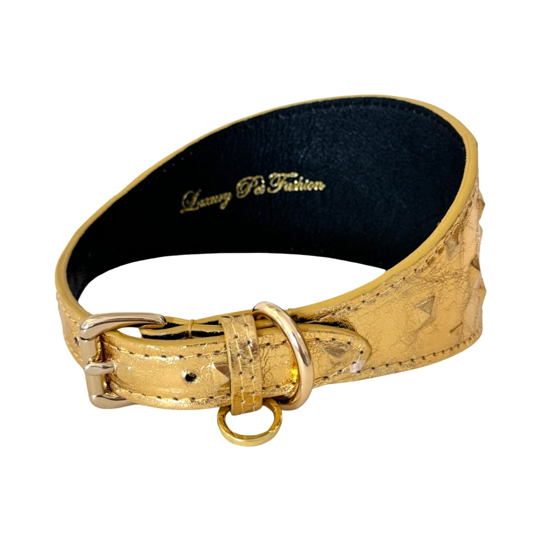 Gold embossed Italian leather pet collar with studded pyramid designs, 3 inches wide, featuring a buckle and D-ring on a dark inner lining.