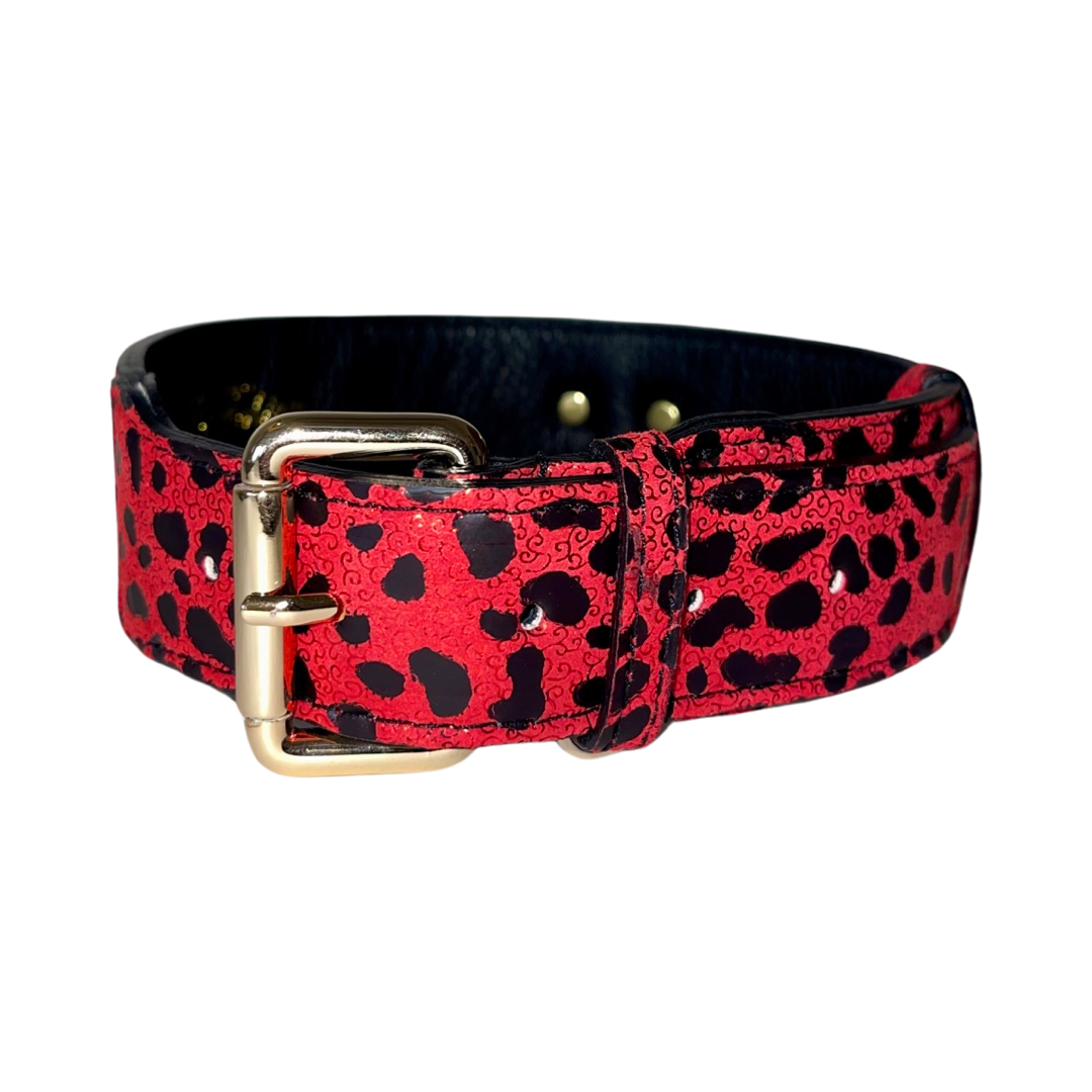 Red & Black Leopard Print Italian Leather Classic Collar displayed on a flat surface, showing its adjustable strap and bold pattern
