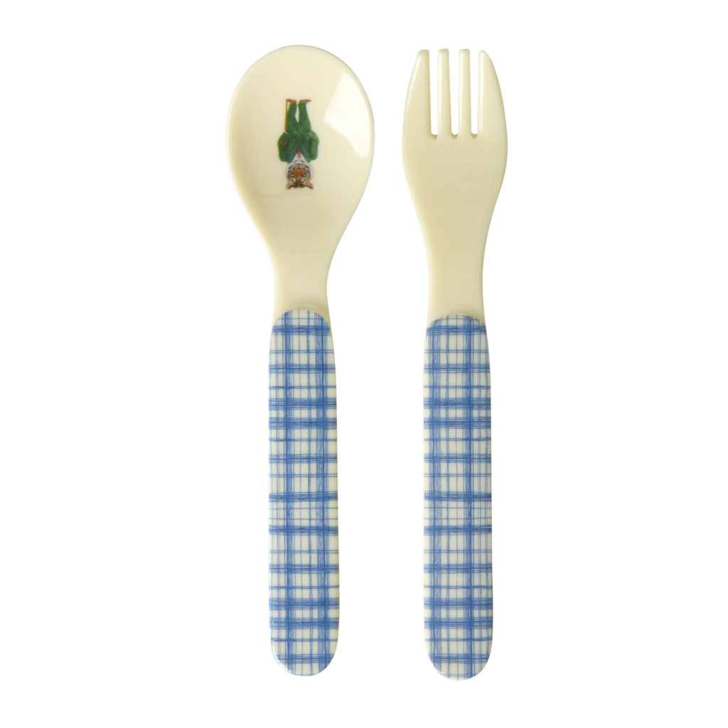 Baby spoon and fork set with blue whimsical Nathalie Lété print