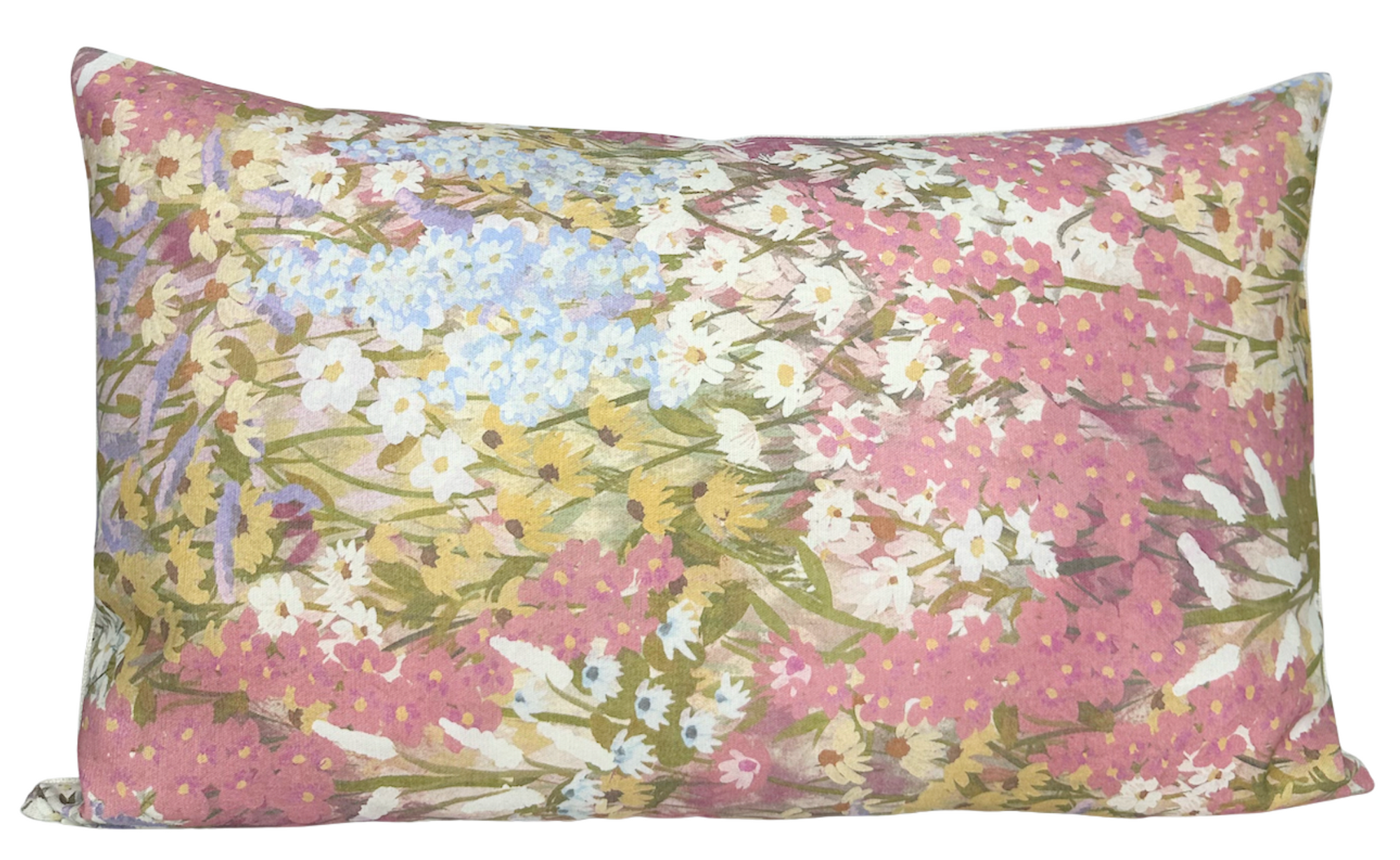 Fleur Pillow Cover in Pink displaying fleur printed front and ivory linen back