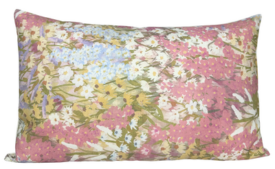 Fleur Pillow Cover in Pink displaying fleur printed front and ivory linen back