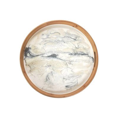 Resin Bamboo Round Tray with natural bamboo grain and resin accents, styled with appetizers and drinks