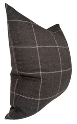 Square dark brown wool pillow cover with a subtle beige windowpane check pattern, shown from an angled side view highlighting its soft texture.