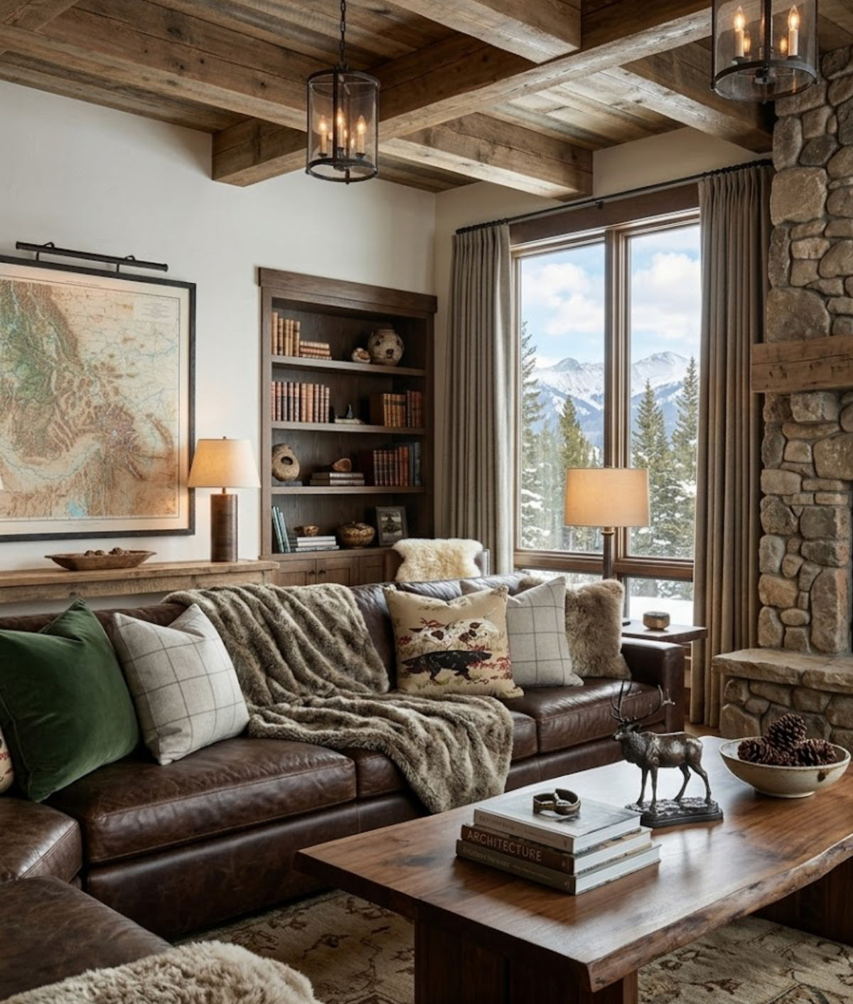 Rustic living room with a brown leather sofa featuring plaid and animal-themed pillows, a fur throw, and a wooden coffee table topped with books and a decorative moose figurine.