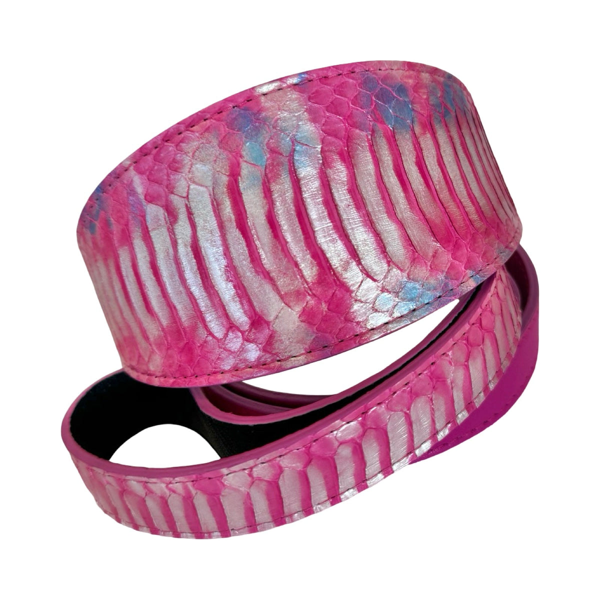 3-inch wide dog collar with iridescent pink snake skin pattern featuring white and light blue highlights, displayed coiled with visible texture and sheen.