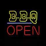 Neon light sign with yellow 'B-B-Q' text above a blue horizontal line and red 'OPEN' text below on a black background.