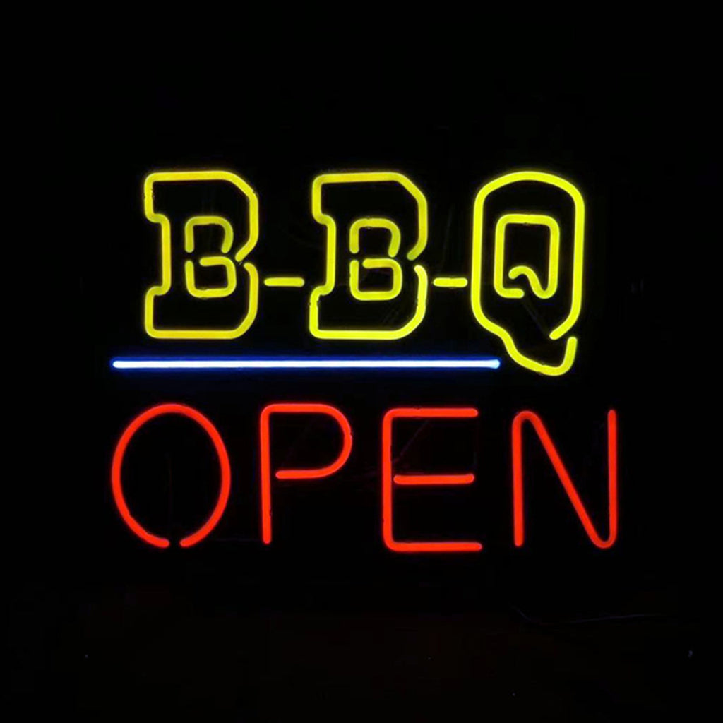 Neon light sign with yellow 'B-B-Q' text above a blue horizontal line and red 'OPEN' text below on a black background.