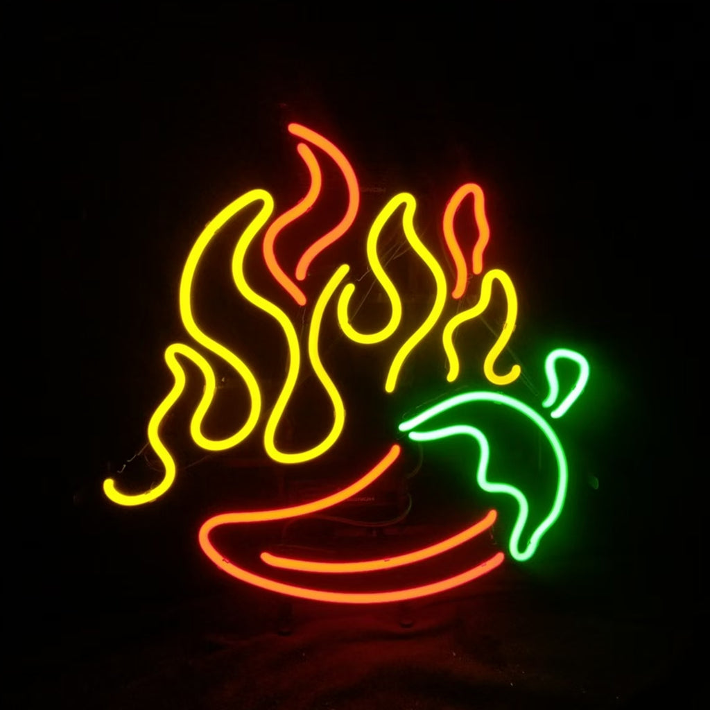 Neon sign showing an orange chili pepper with green stem surrounded by stylized yellow and red flames on a black background.