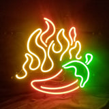 Fire BBQ Pepper Neon Sign glowing red on metal grid backing