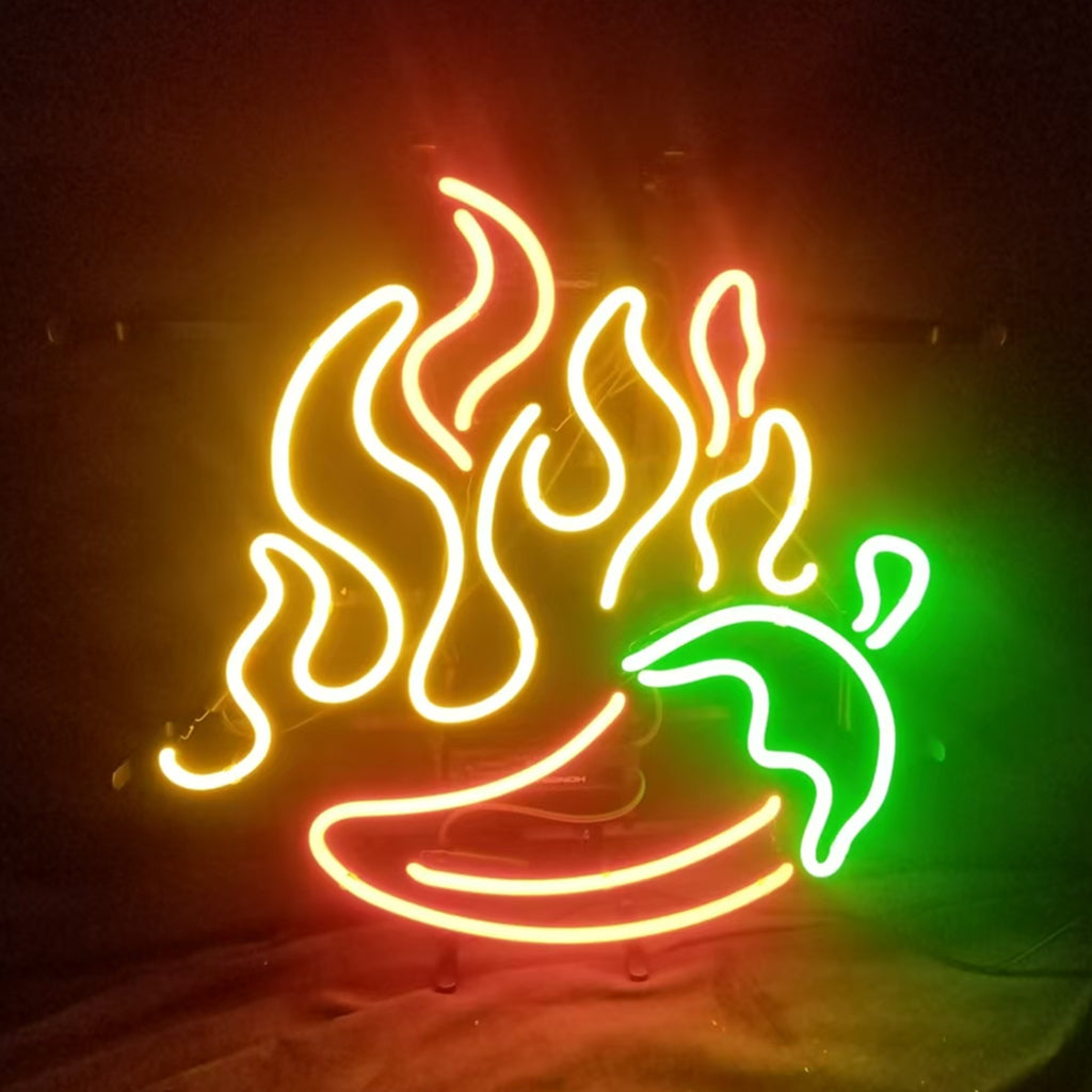 Fire BBQ Pepper Neon Sign glowing red on metal grid backing