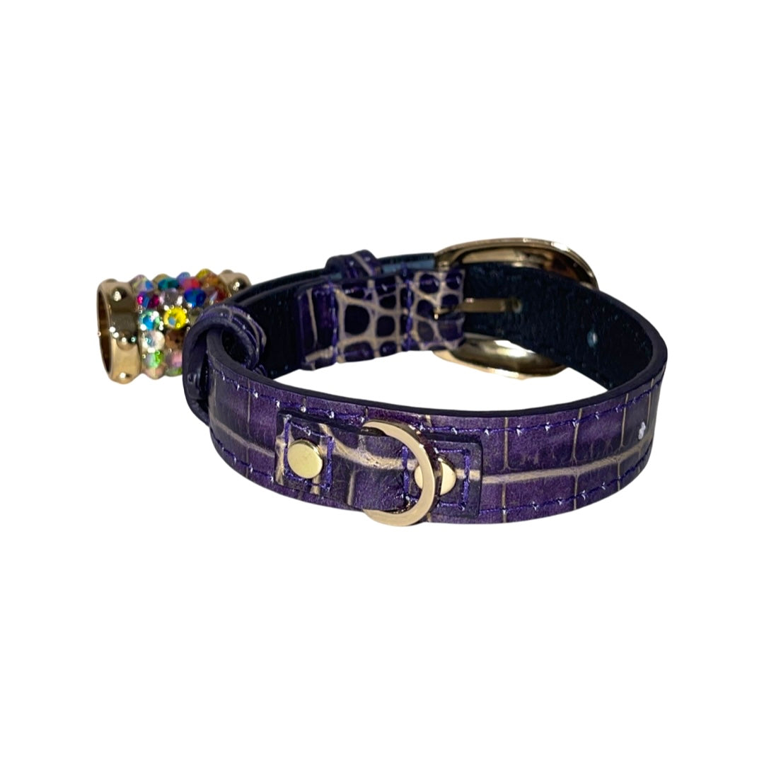 XS 7”-14” Purple/Gold Embossed Croc Italian Leather Collar/Custom Gold