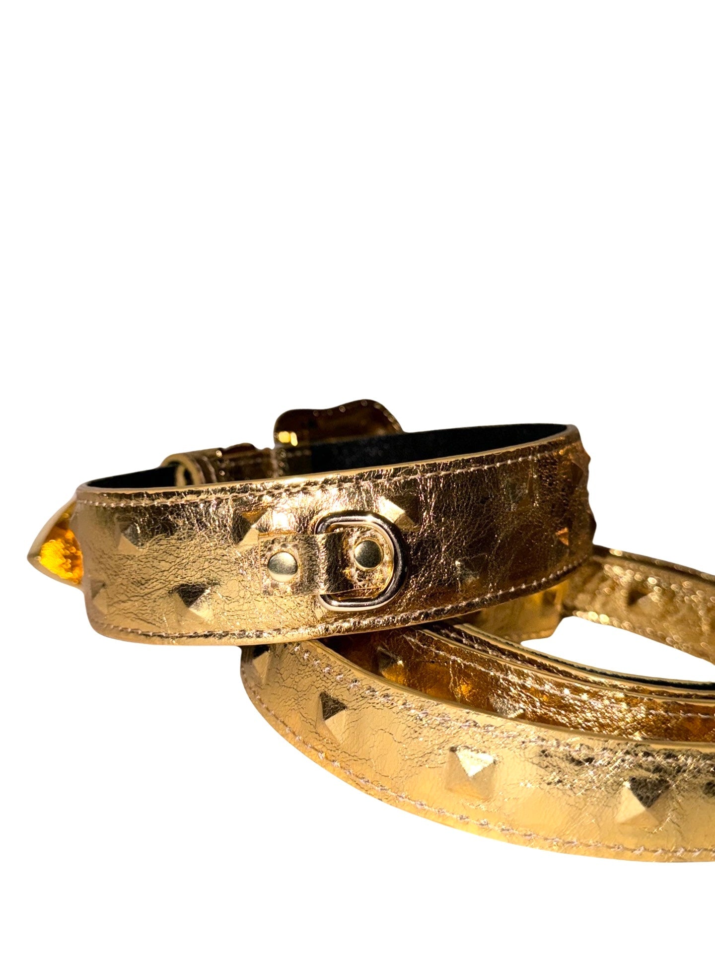 Glam Gold Embossed Studded Italian Leather Collar & Leash Set With Custom Swarovski Crystal Buckle
