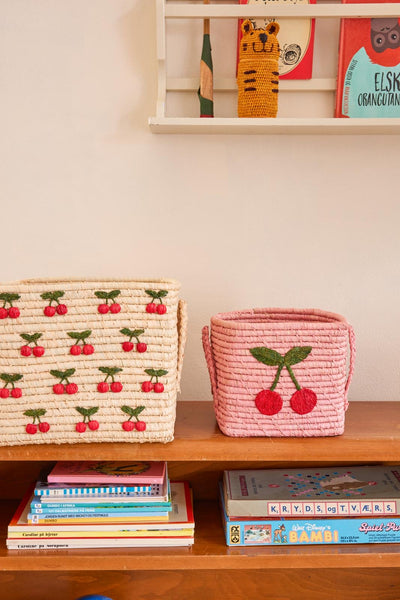 Square Raffia Basket - Pink - Cherry Design