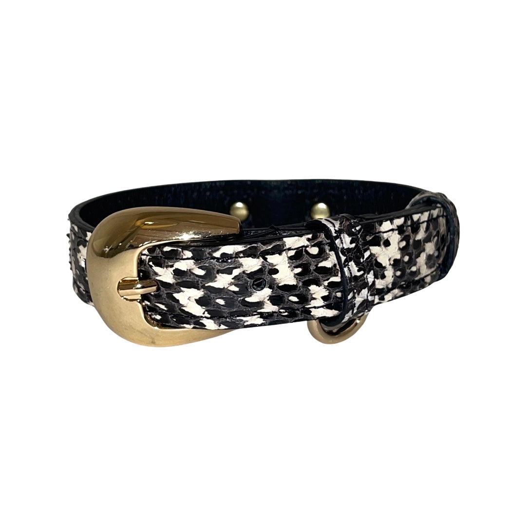 XS Black & White Snake dog collar with a gold oval buckle displayed on a wood surface