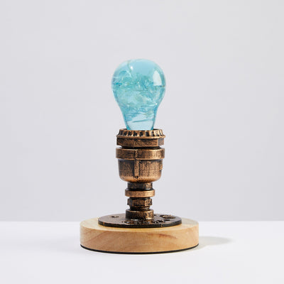 Handcrafted blue hydrangea resin LED bulb with wooden base