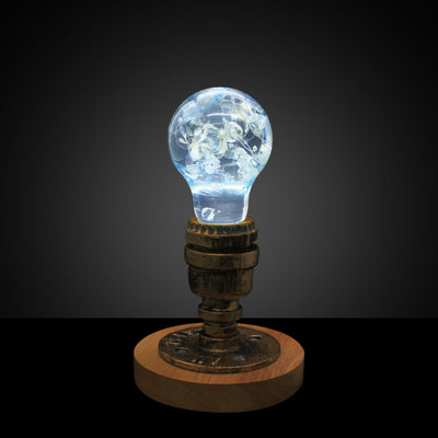 Handcrafted blue hydrangea resin LED bulb with wooden base