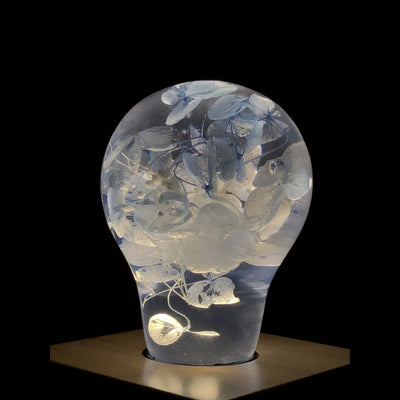 Handcrafted blue hydrangea resin LED bulb with wooden base