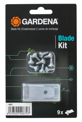 Gardena Blade Kit packaging with nine small silver replacement blades and screws on a black card with green line art and orange logo.