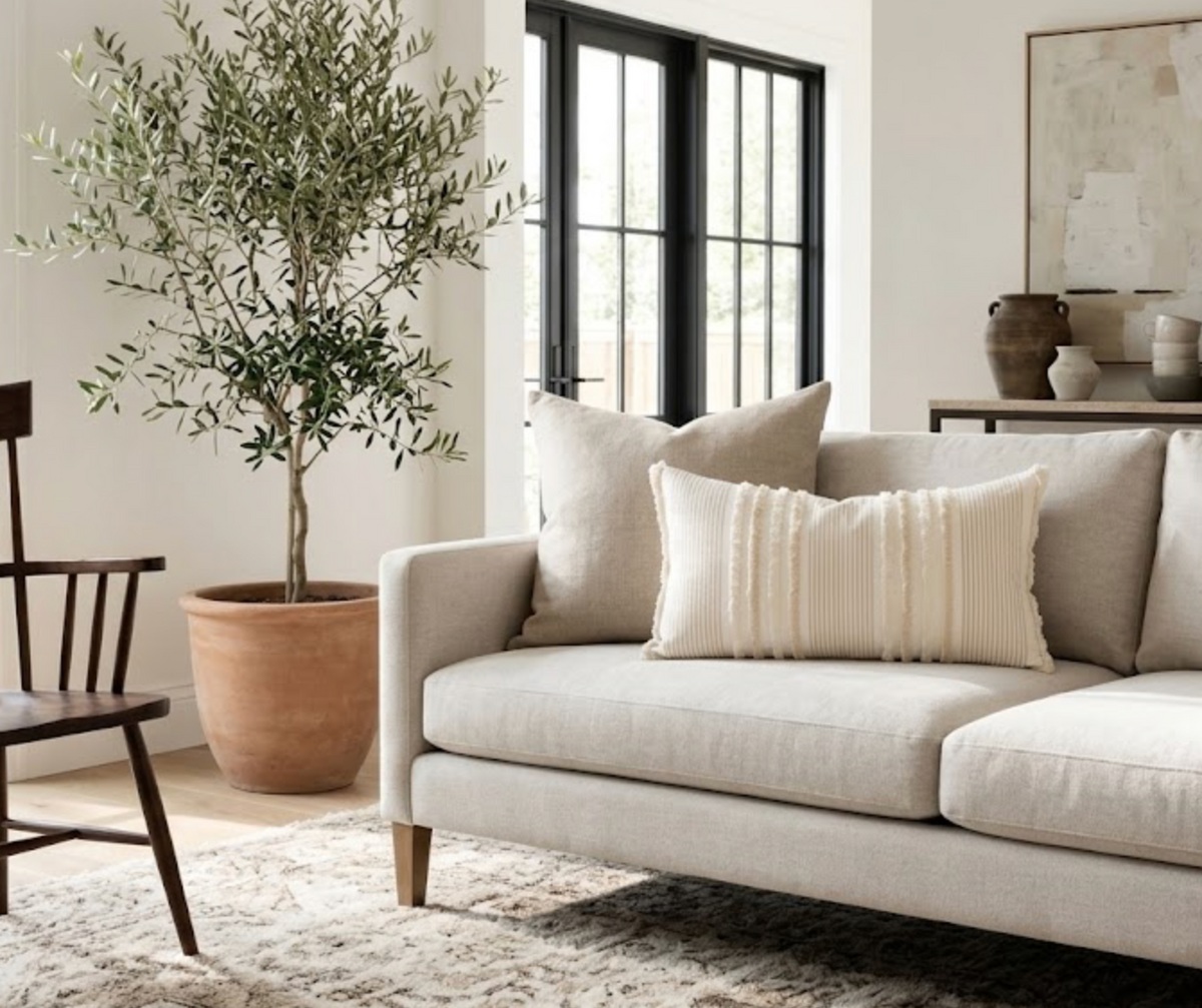 Neutral-toned sofa with two textured beige pillows, positioned beside a large potted olive tree and near black-framed windows in a softly lit living room.