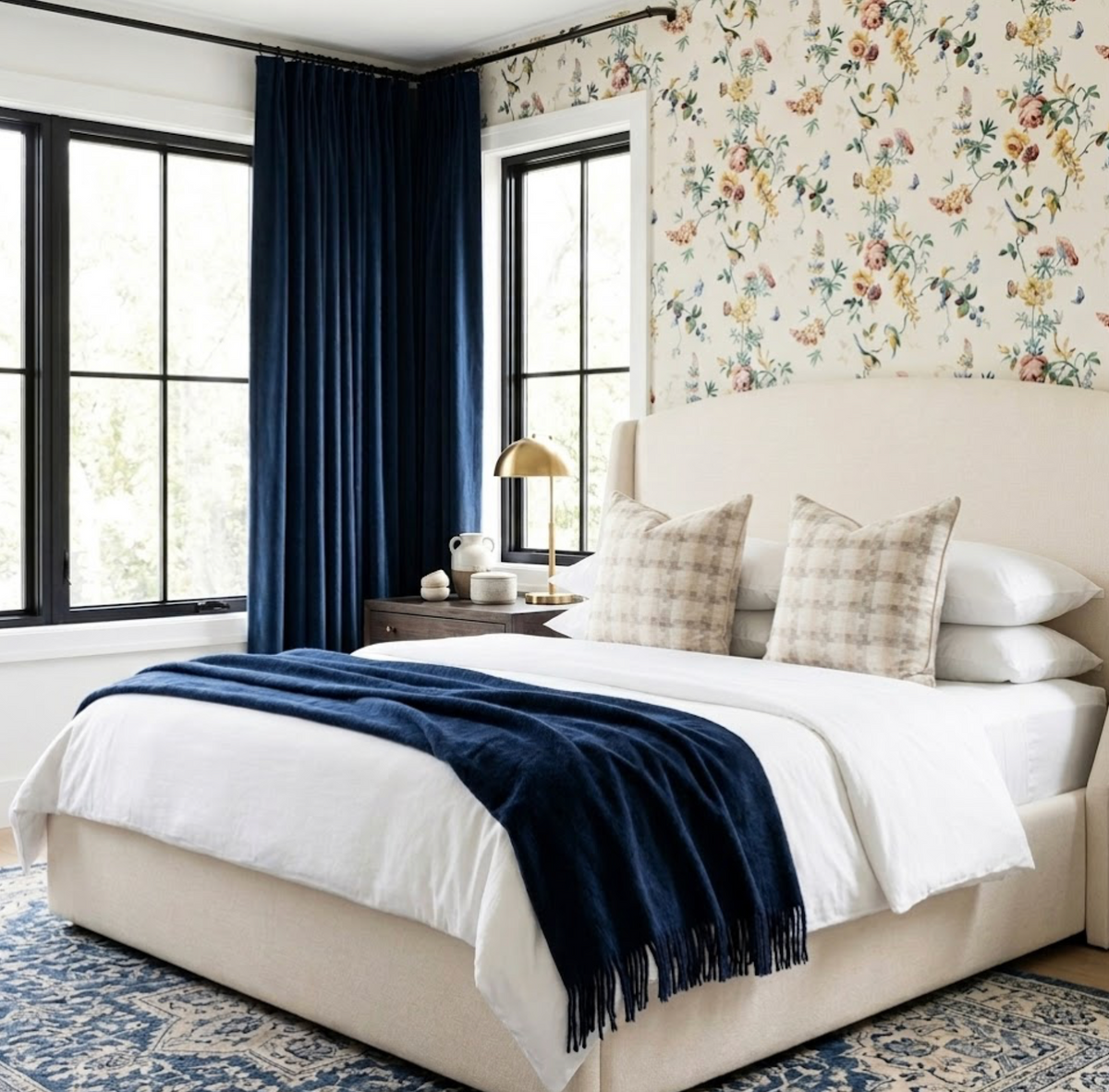Bedroom with beige upholstered bed featuring white bedding, light plaid pillows, dark blue throw, floral wallpaper, dark blue curtains, and black window frames.