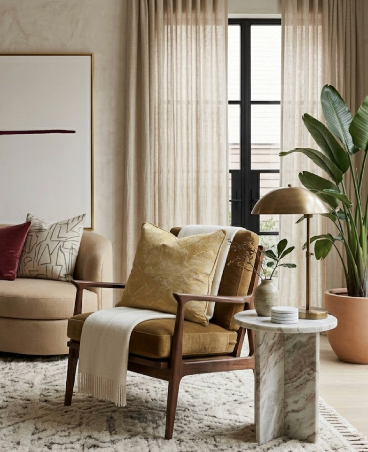 Mid-century modern wooden armchair with mustard velvet cushions and yellow pillow, set beside a marble side table with a brass lamp and large potted plant in front of sheer beige curtains.